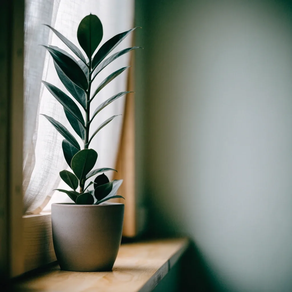 A dark-leaved ZZ Raven plant on a pale oak windowsill in a small Hong Kong apartment