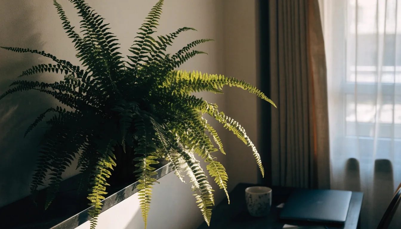 A Boston fern on a narrow shelf beside a small desk in a compact Hong Kong apartment
