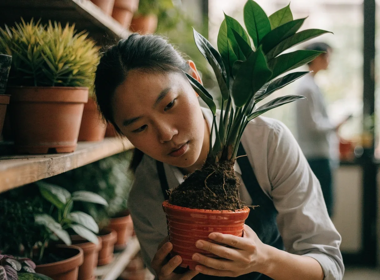 A person checking the underside of a leaf at a Hong Kong plant nursery