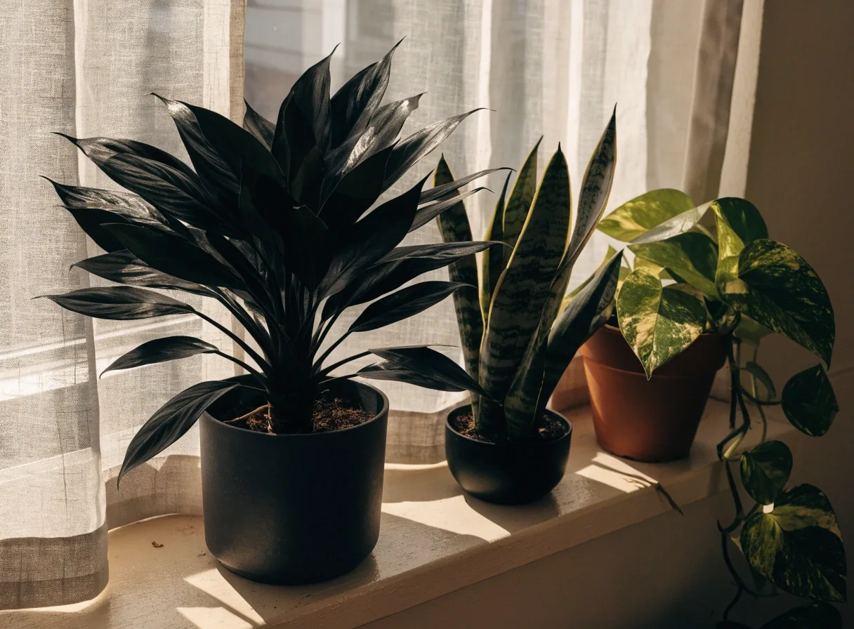 Low-maintenance houseplants grouped on a pale windowsill in a small apartment