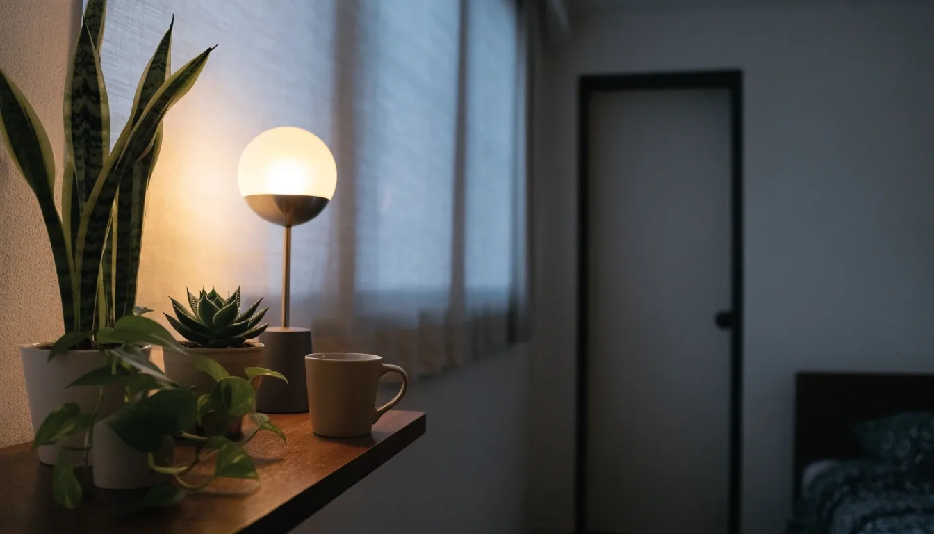 A calm apartment corner at dusk with potted houseplants on a low shelf