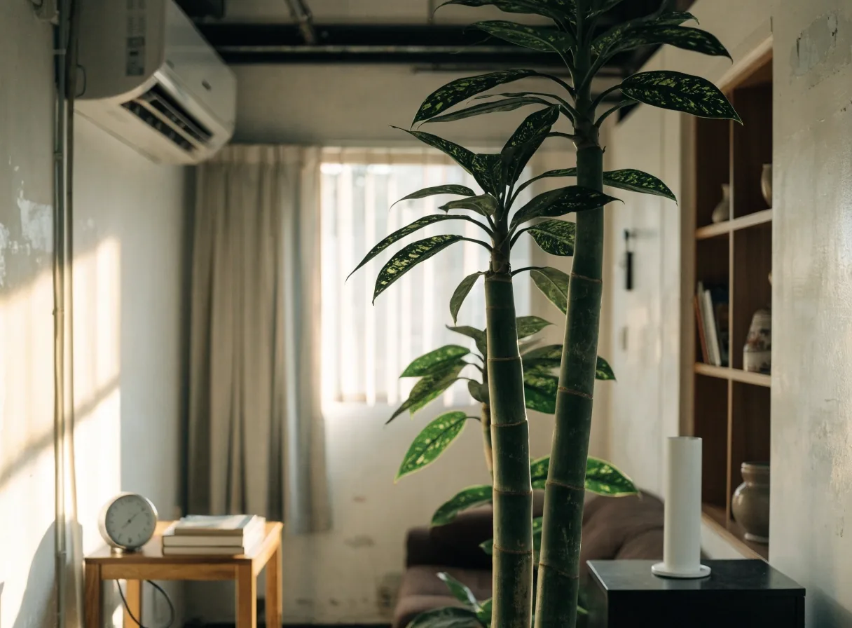 A ZZ plant beside a humidifier in a compact Hong Kong living room