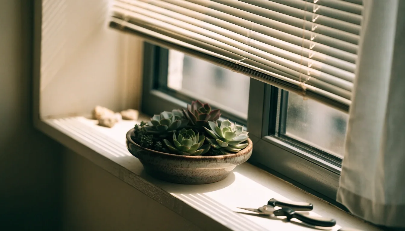 A succulent arrangement on a Hong Kong apartment windowsill in morning light