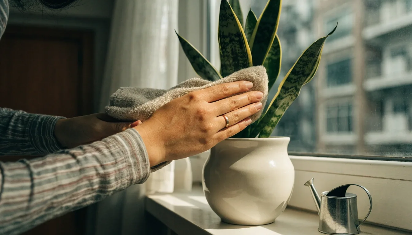 Hands wiping a broad green leaf with a damp cloth beside a watering can