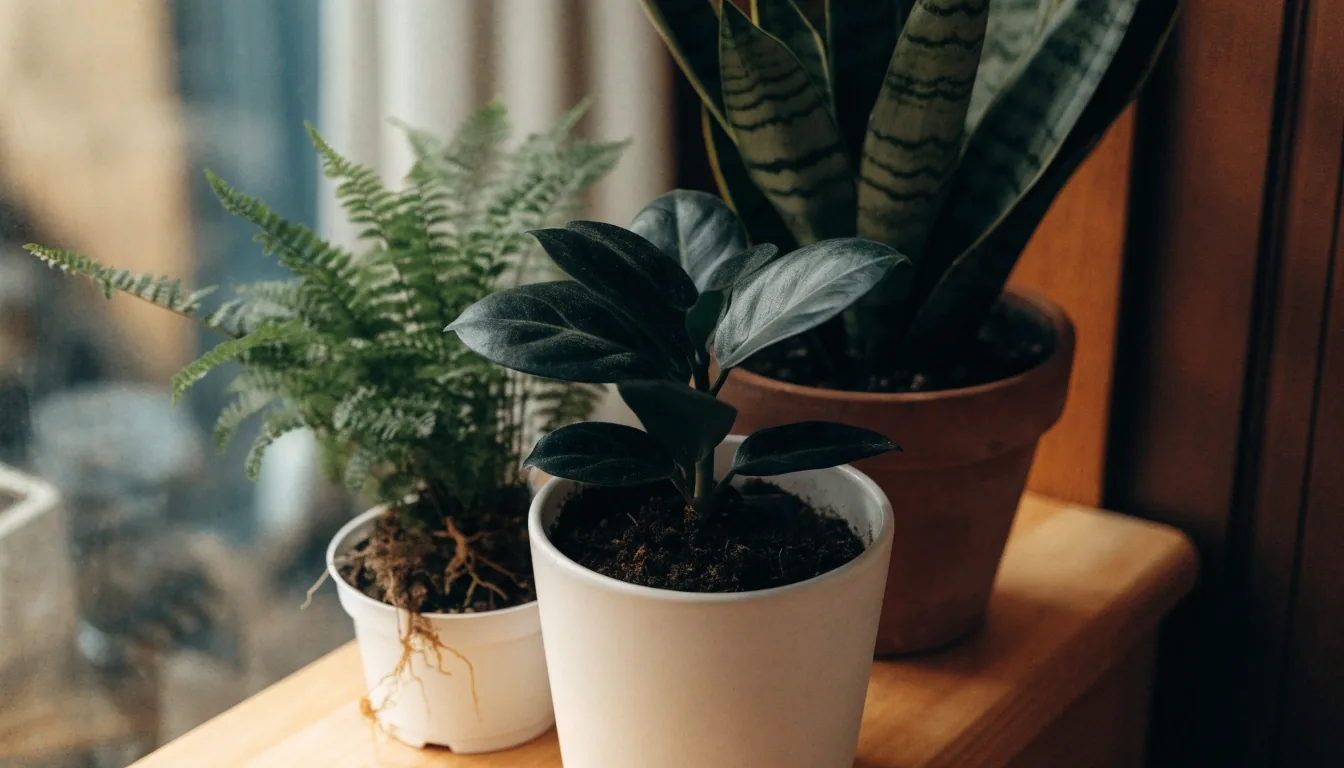 A small group of easy-care houseplants arranged on a ledge in a compact apartment
