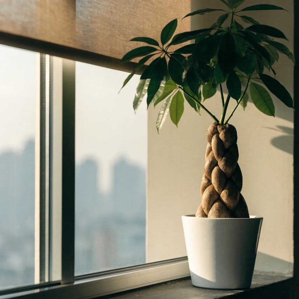 Money tree on an apartment window ledge in soft indirect daylight