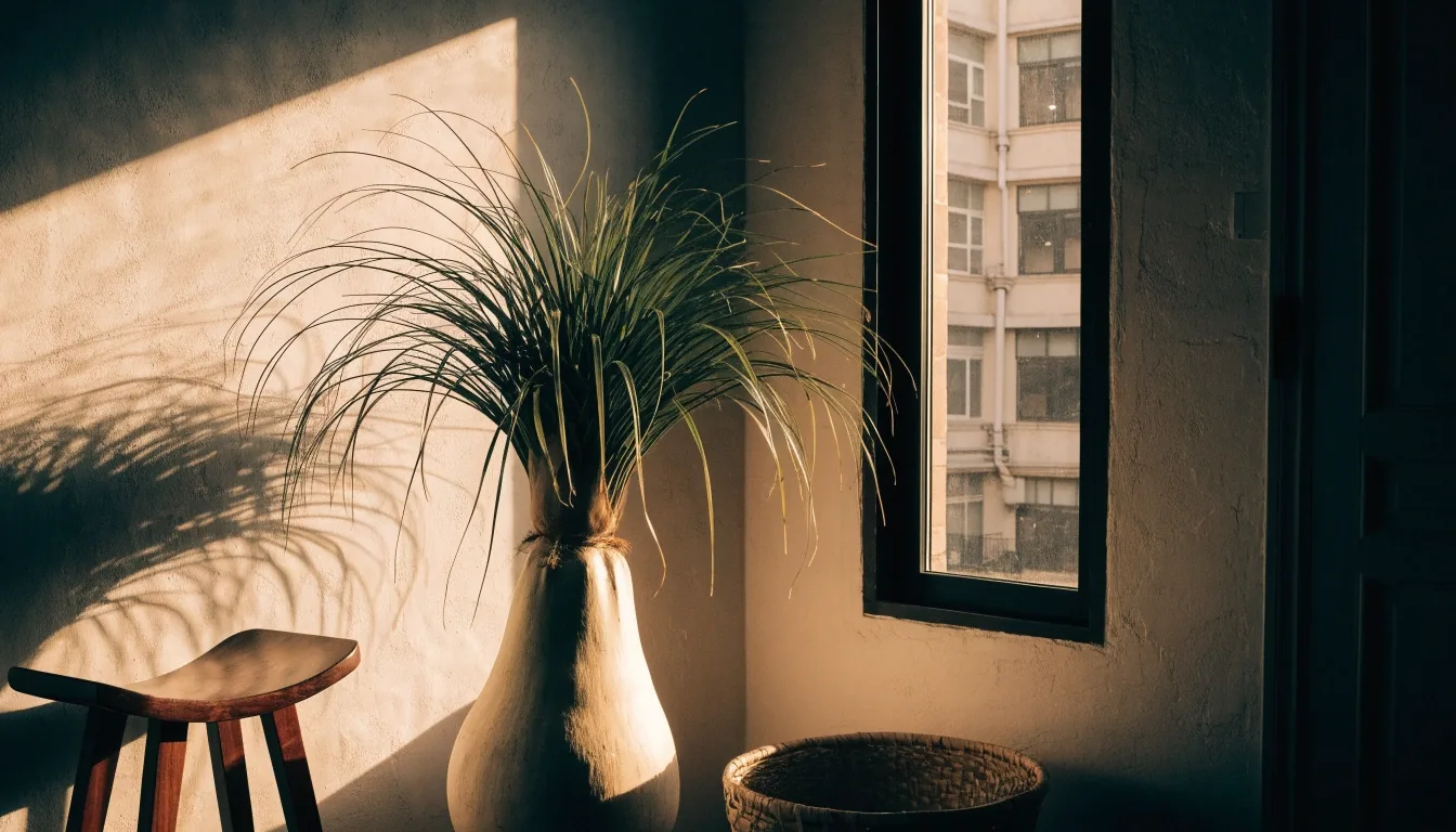 Ponytail palm in a Hong Kong apartment corner beside a narrow window
