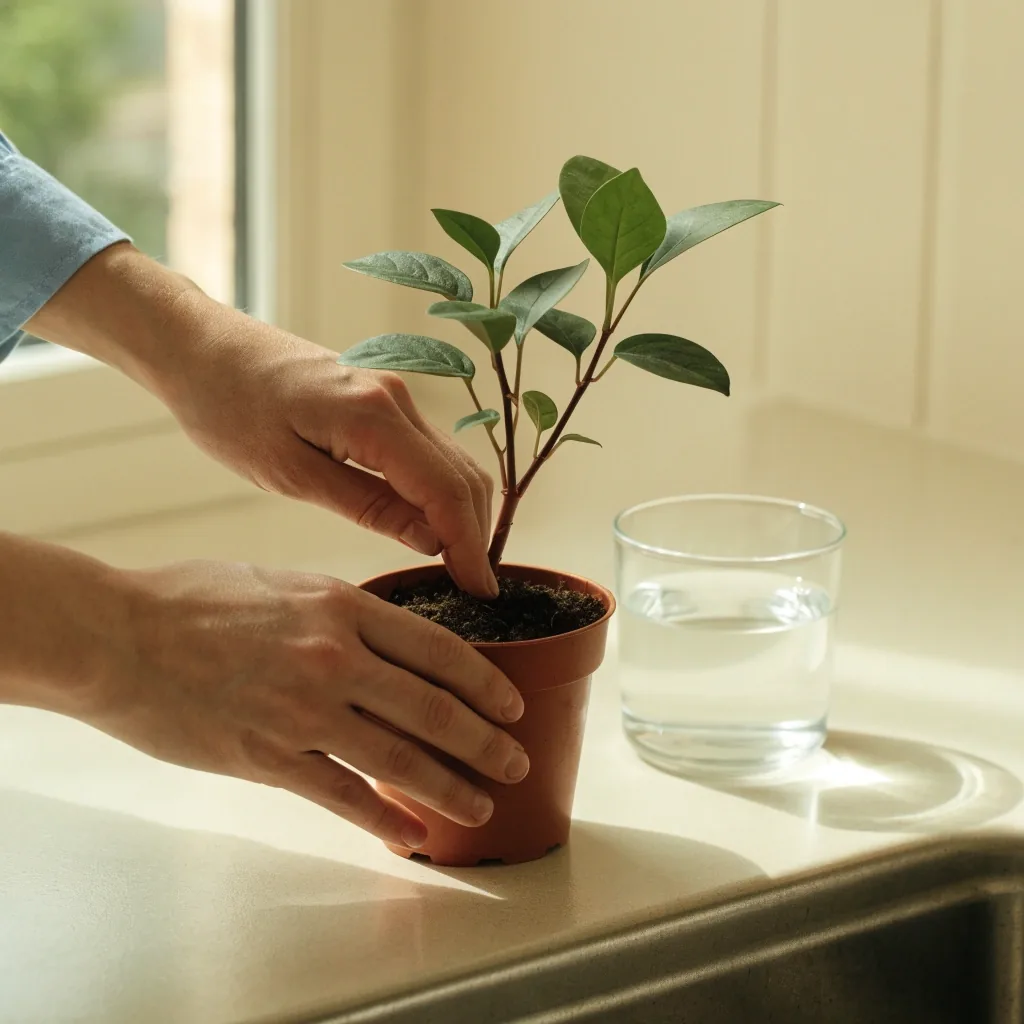 A person's hands checking the moisture of the soil in a potted plant on a kitchen counter