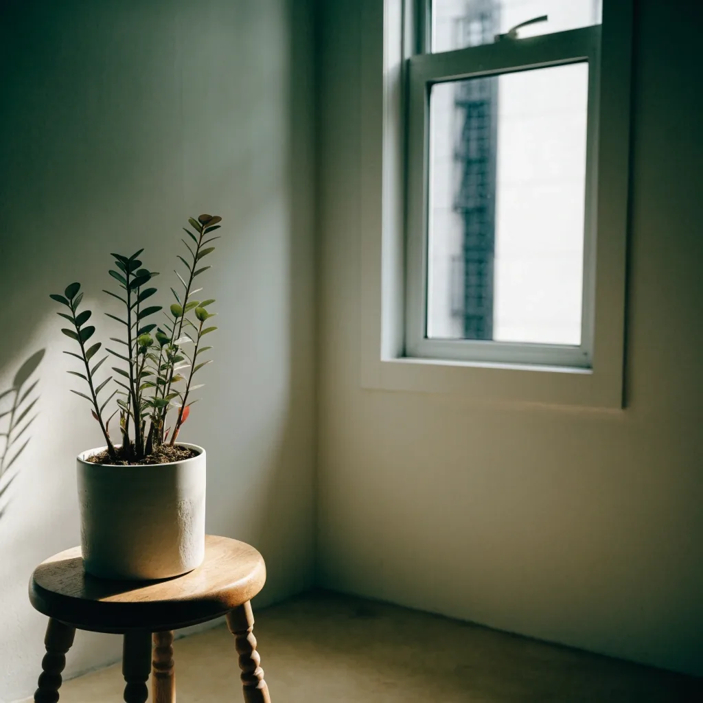 A quiet corner of a small apartment with a low-maintenance houseplant on a stool beside a window