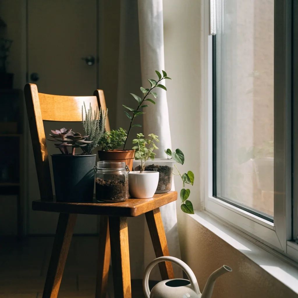Potted plants lined up on a windowsill in a small Hong Kong flat, soft daylight across the leaves