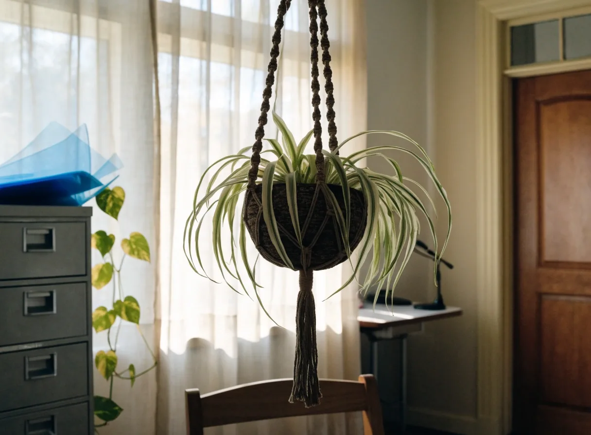 Monstera and pothos on a slim shelf in a compact apartment workspace