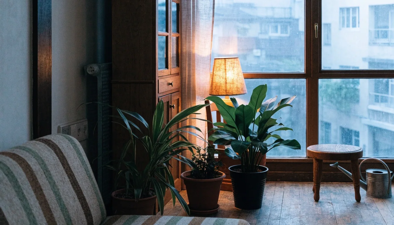 Potted plants grouped by a window in a small living room at dusk