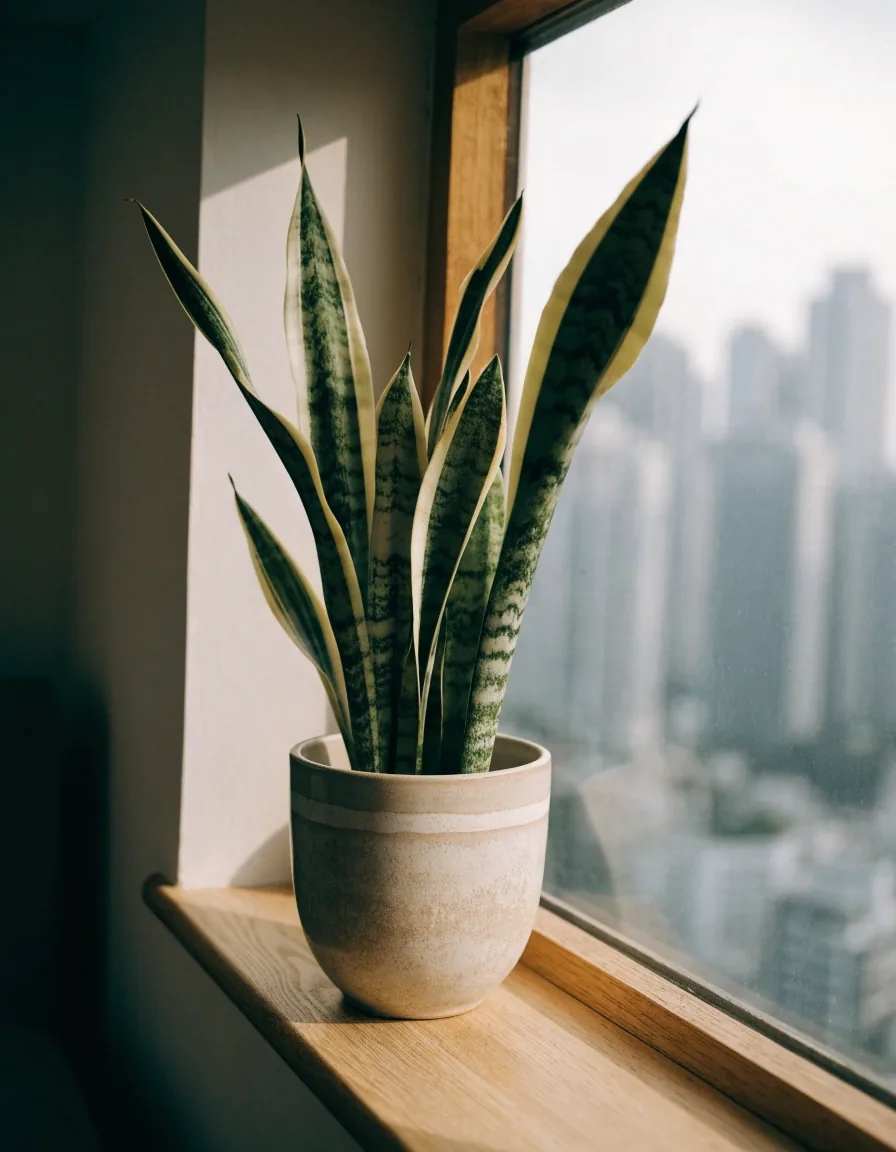Snake plant in a pale stoneware pot on a sunlit apartment windowsill
