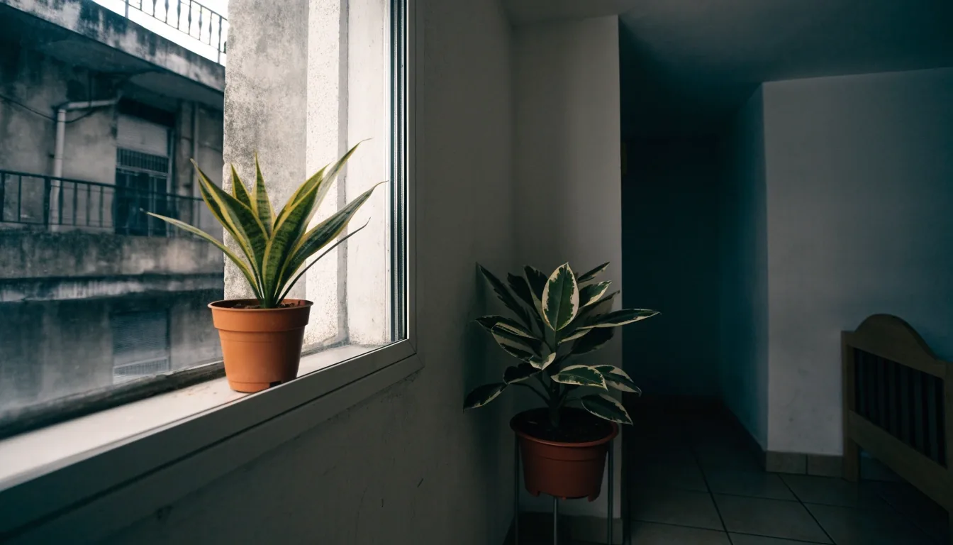 African violet on a narrow window ledge with city buildings blurred behind the glass