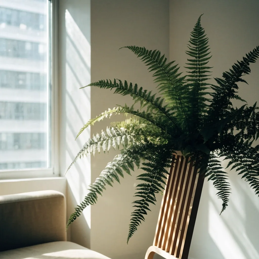 Boston fern on a wooden stand beside a tall window in a compact Hong Kong apartment