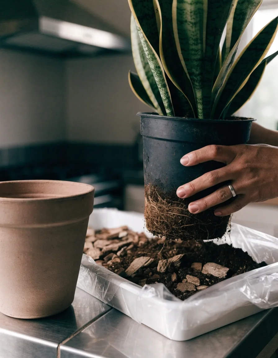 Orchid lifted from its pot beside a larger empty pot and a trowel