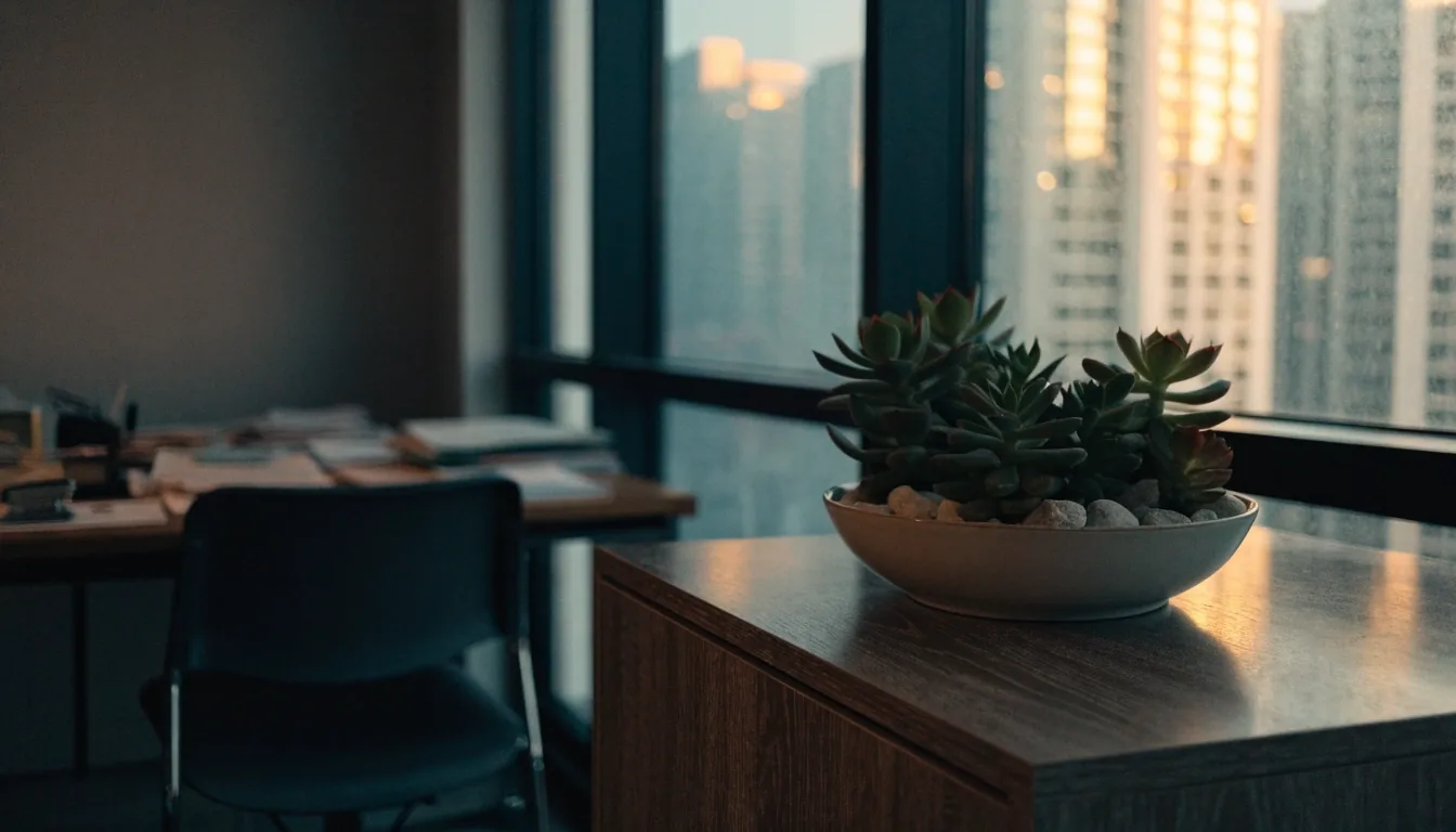 Succulent arrangement on a low cabinet in a small office beside a window