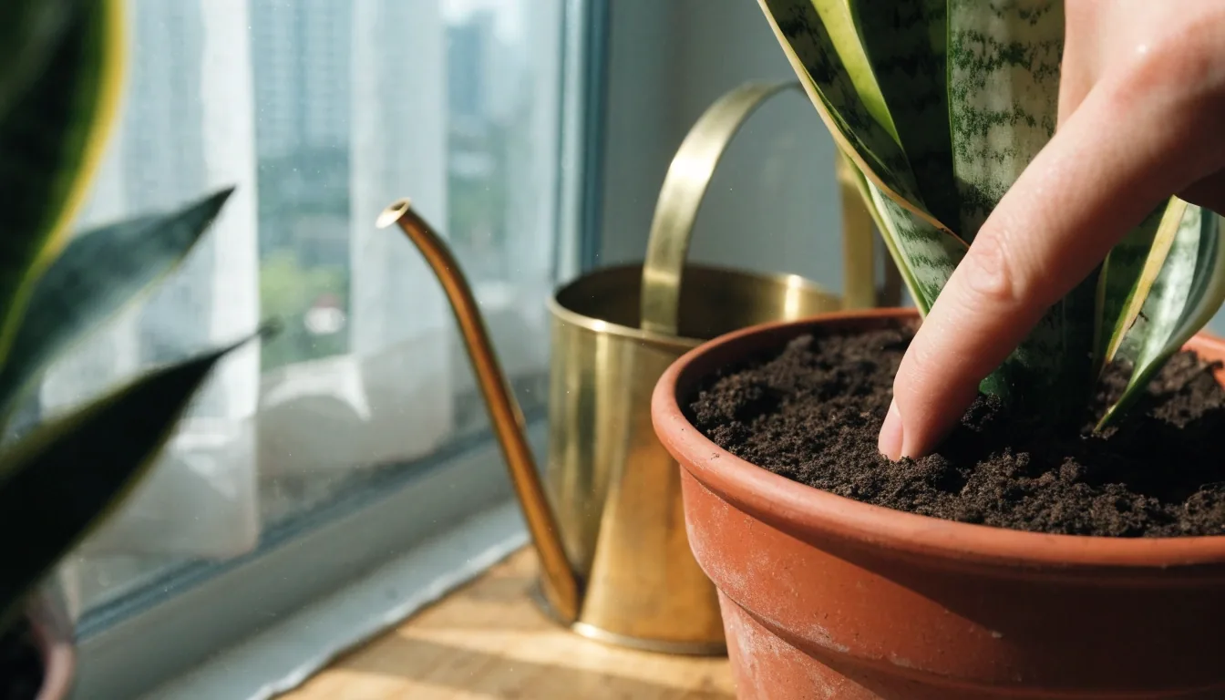 ZZ plant in a stoneware pot on a low sideboard beside a watering can