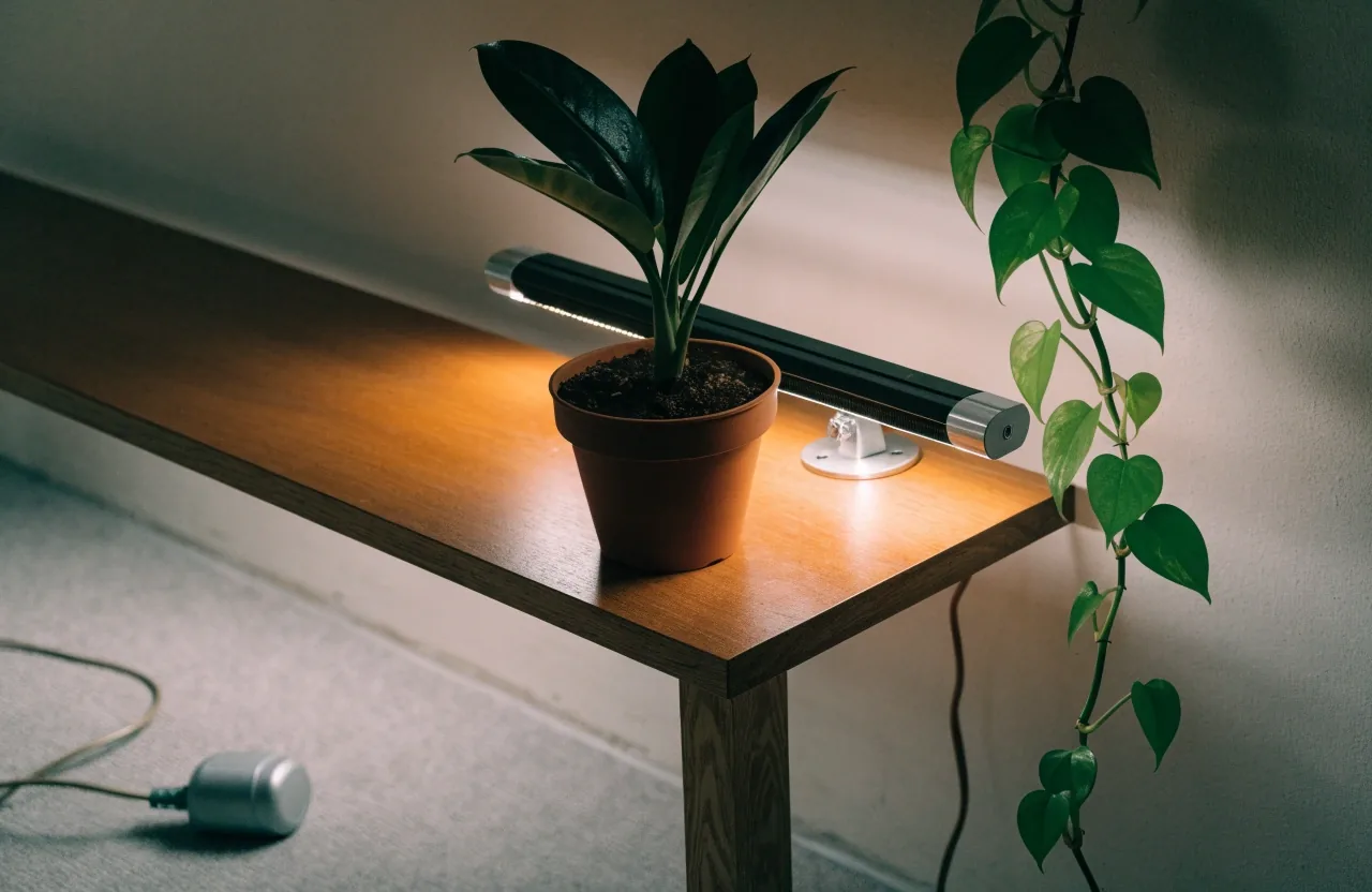 A clip-on grow light bar above two potted plants on a shelf in a windowless Hong Kong room