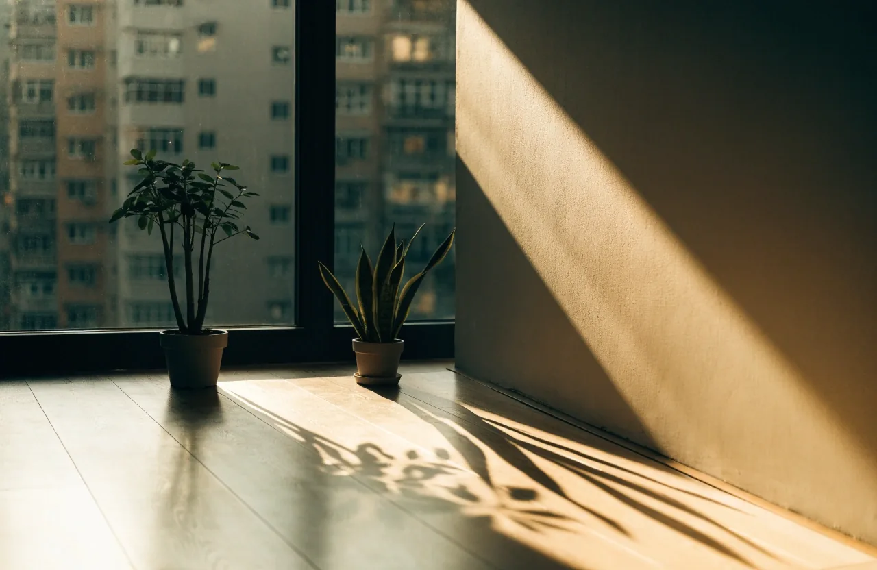 Low winter afternoon sun reaching deep into a Hong Kong apartment, casting long plant shadows across the floor