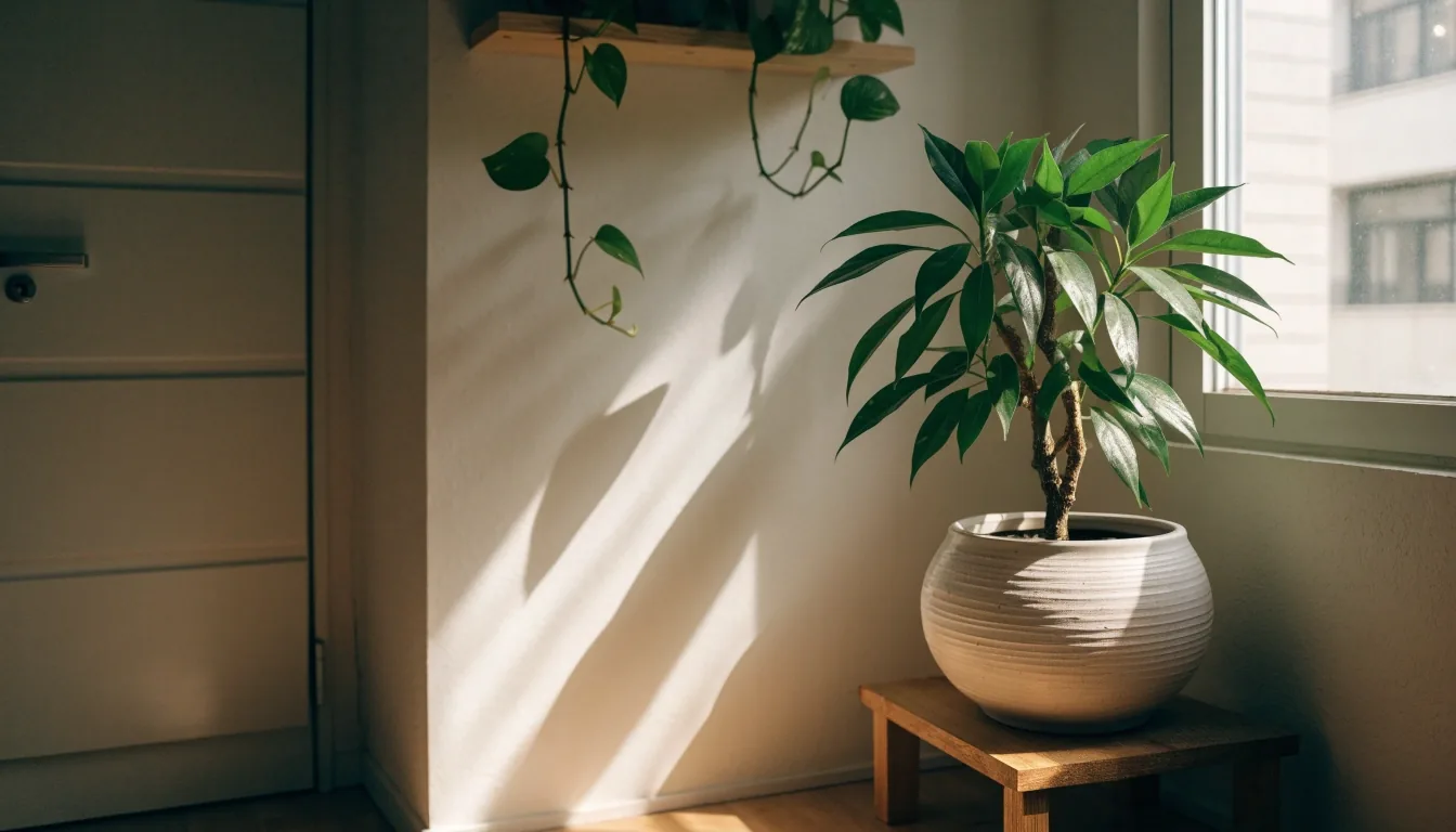 Money tree beside a tall window in a small Hong Kong apartment, daylight falling across pale walls