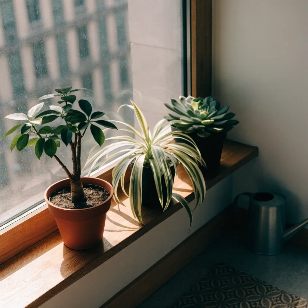 Three small potted plants arranged along a narrow windowsill in a compact Hong Kong flat