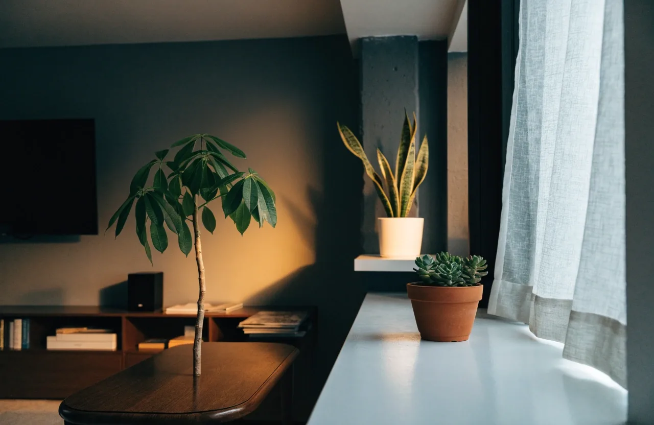 Three plant positions in a compact Hong Kong living room, from a bright windowsill to a shaded hallway corner