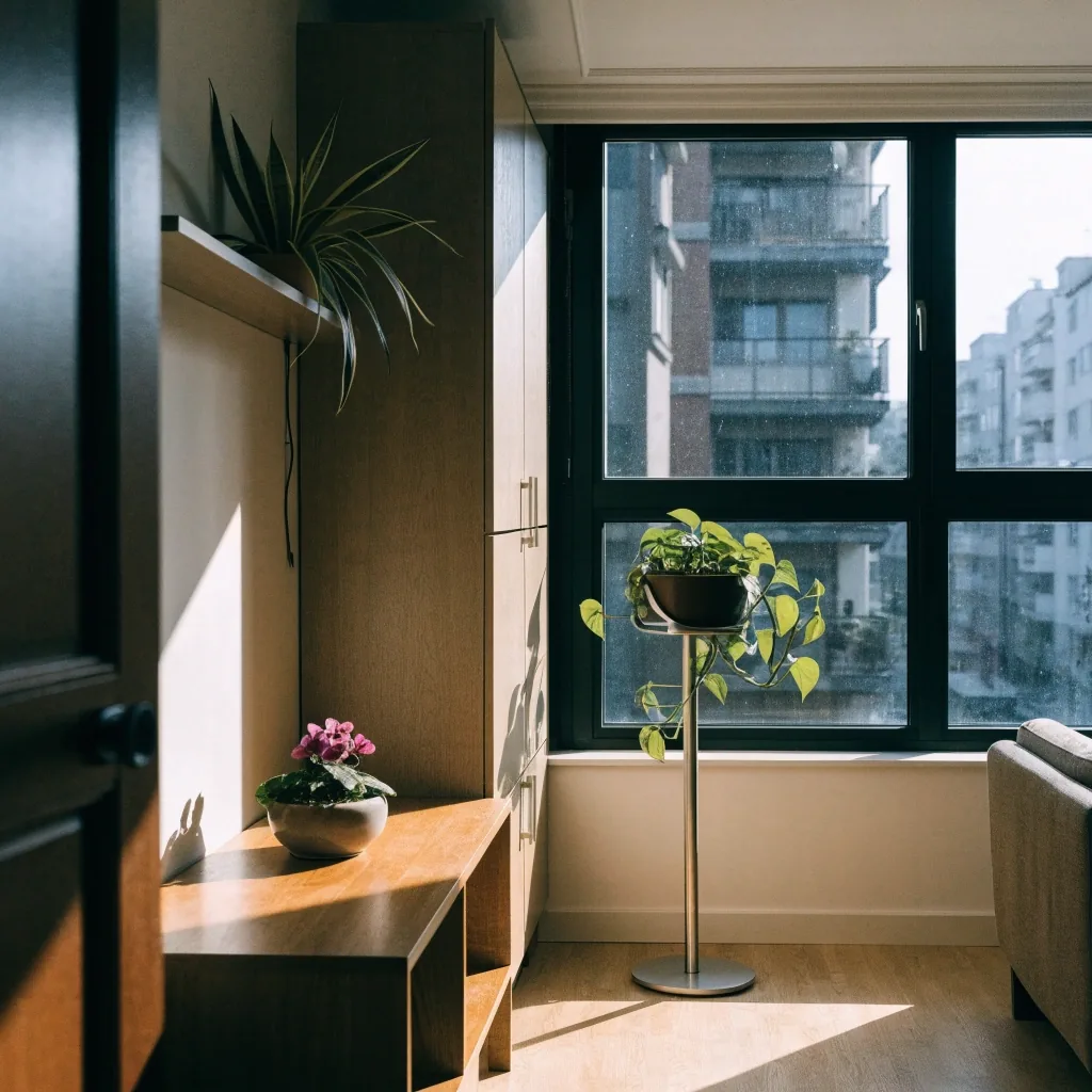 A compact living area with plants on a low cabinet, a wall shelf, and a floor plant beside the window, with a clear path across the floor
