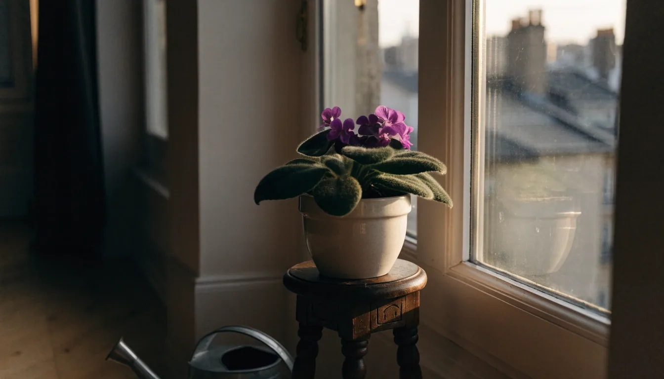 A potted African violet on a wooden stool beside an apartment window in late afternoon light, city rooftops blurred outside
