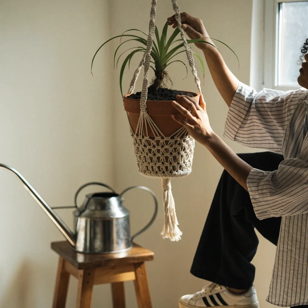 A person lifting a small potted pothos down from a high shelf beside a sink and a long-spout watering can
