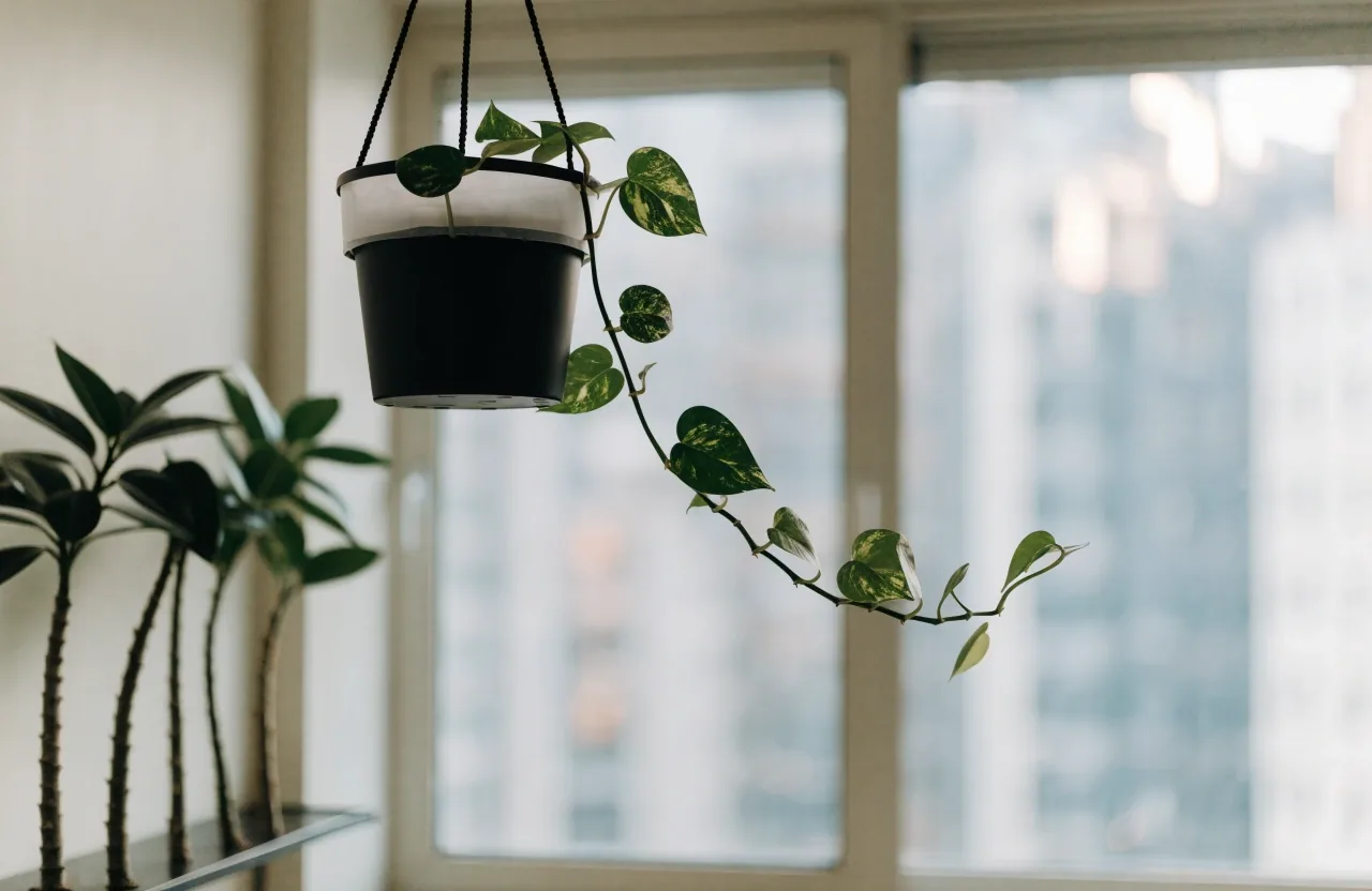 African violet in a ceramic pot on a narrow windowsill in a Hong Kong flat with city buildings blurred beyond the glass