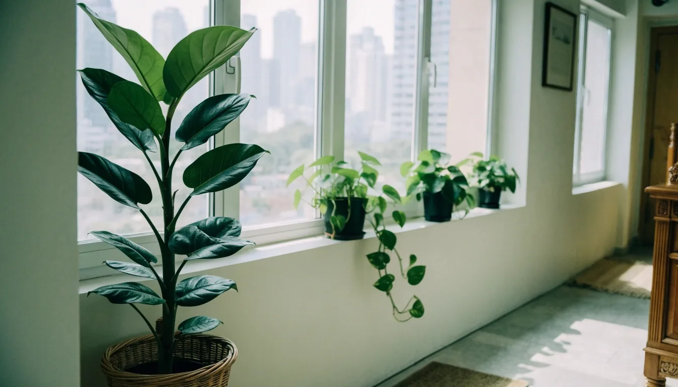 Wooden wall rail with three small trailing plants beside a kitchen window, with a snake plant on the desk corner below