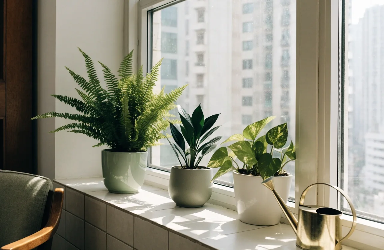 Houseplants on a sunlit window ledge in a small Hong Kong apartment