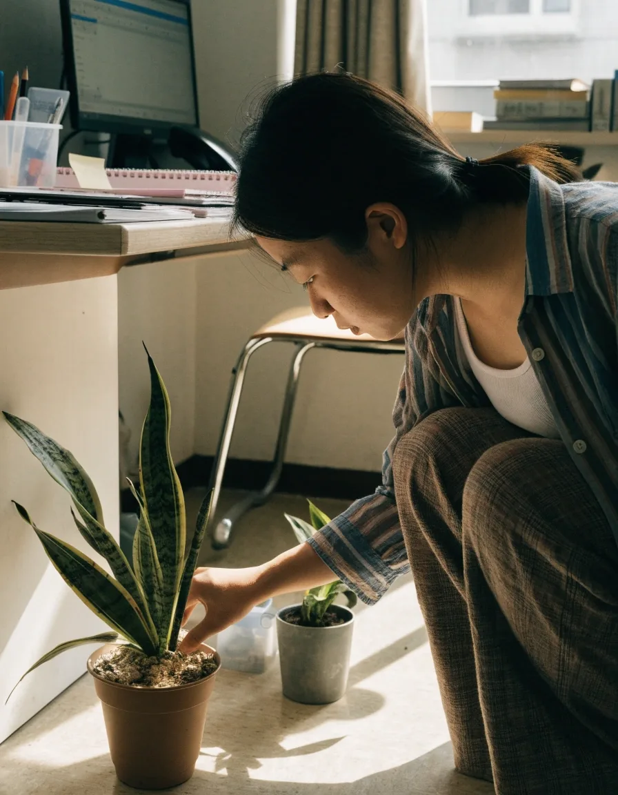 Watering a potted houseplant by hand in a small apartment