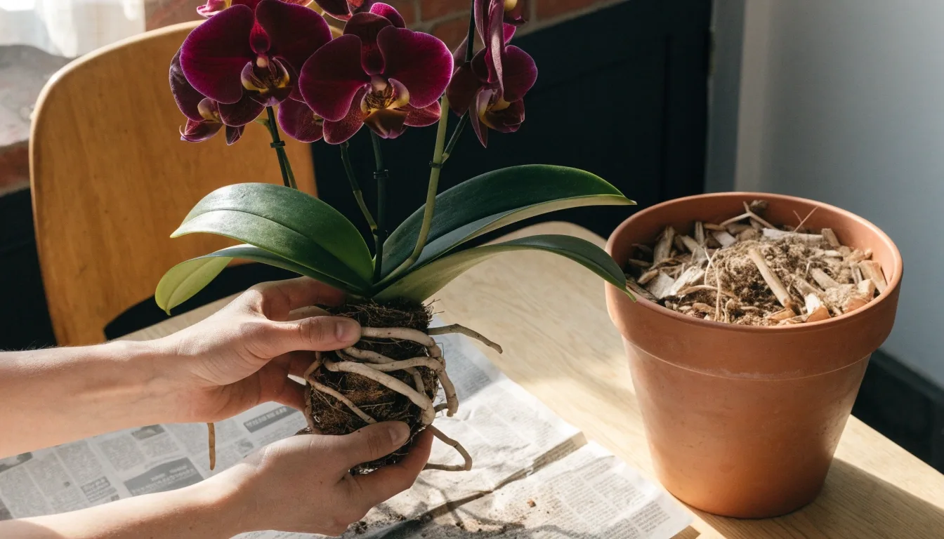 A repotted ZZ plant on a low stool beside a narrow window in a small apartment at dusk