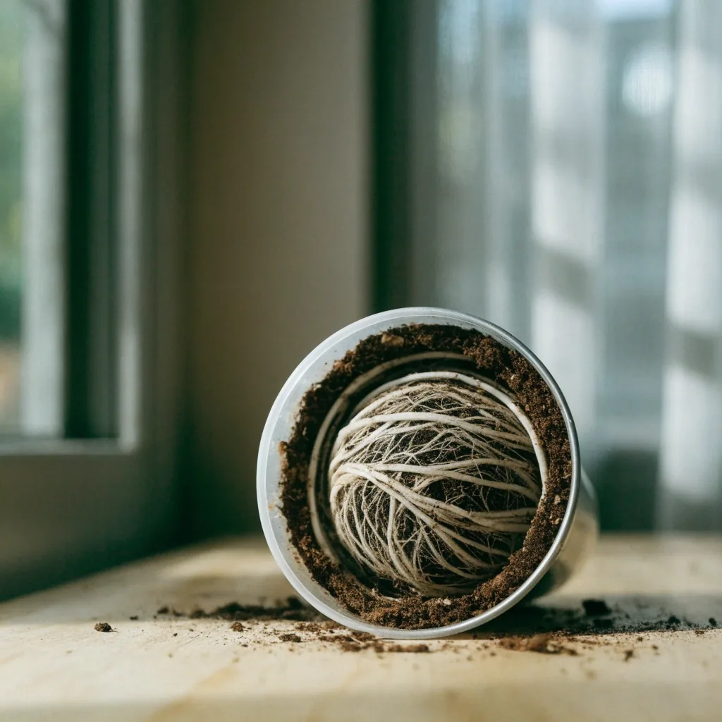 A cut-open nursery pot showing roots wrapped in circles around the inner wall