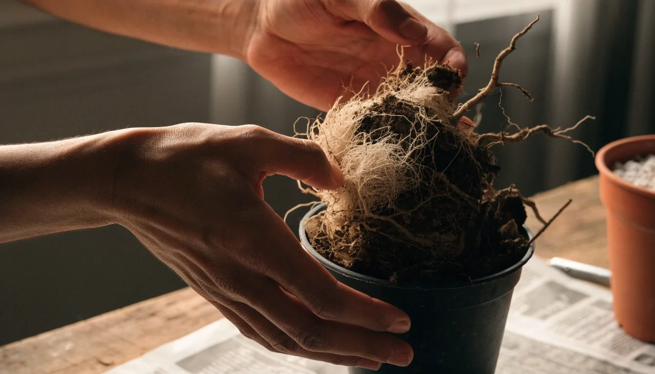 Hands lifting a root ball from a nursery pot over newspaper with a clean pot and perlite beside it