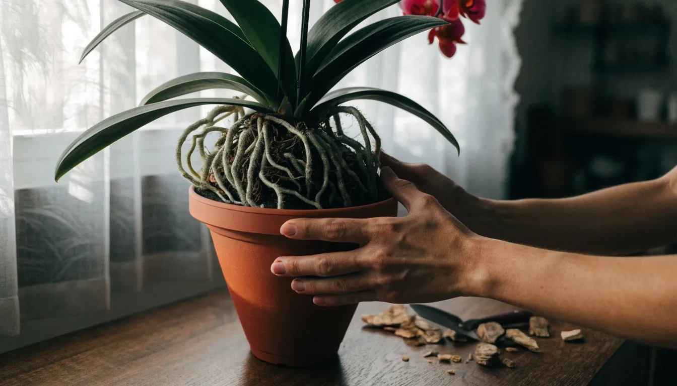 Orchid with aerial roots over the rim of a compact pot on an oak table in a small bright apartment