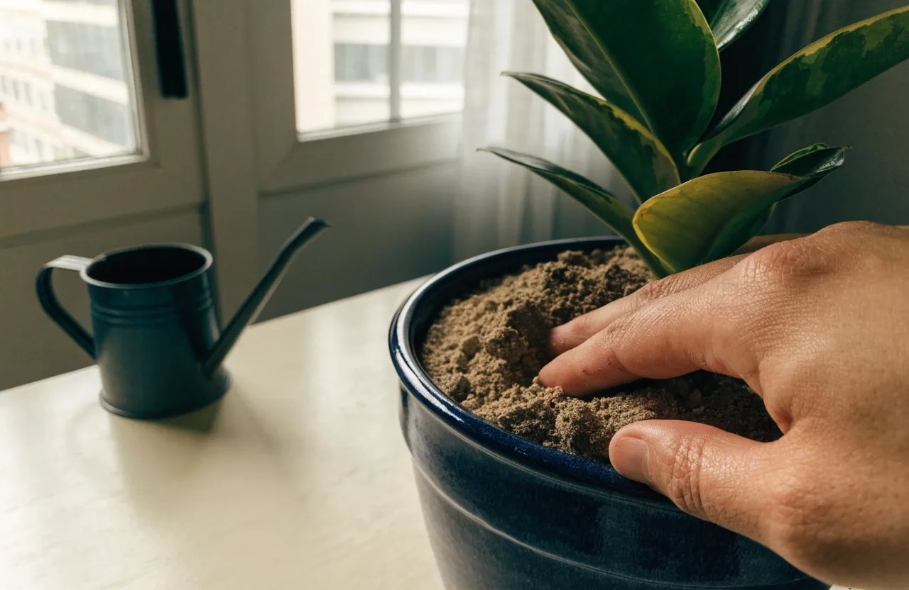 Hands checking the moisture of potting mix around a ZZ plant before deciding whether to water