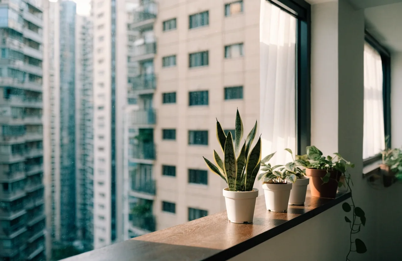 Houseplants arranged along the window sill and on a low stool in a small Hong Kong apartment living room