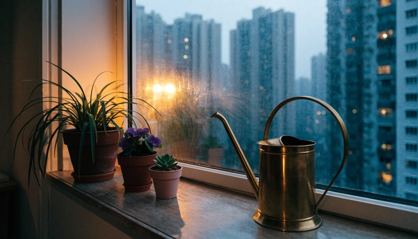 Low-maintenance houseplants on a bench in a small apartment corner at dusk with a watering can nearby