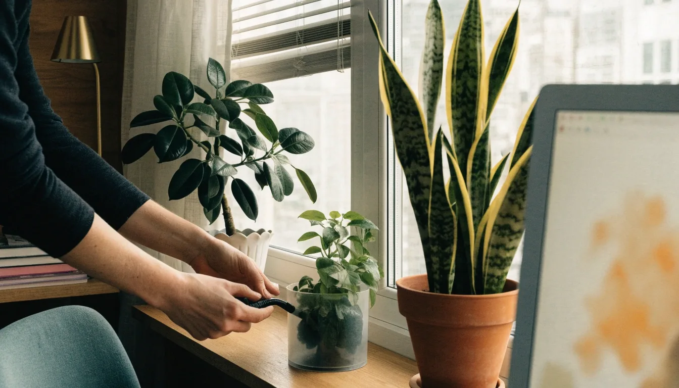 Office desk by a window with a money tree and snake plant in a compact Hong Kong workspace