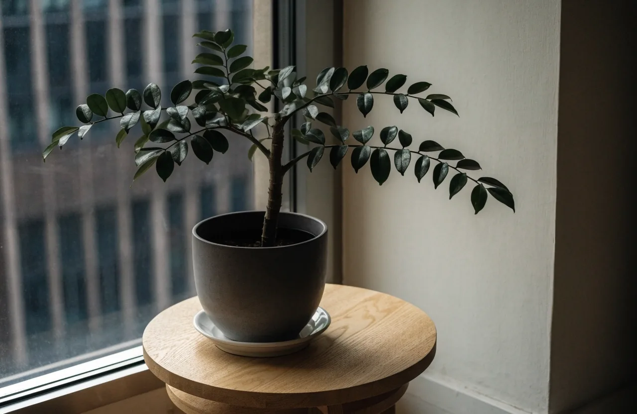A ZZ Plant in a ceramic pot with a drainage saucer on a side table by an apartment window