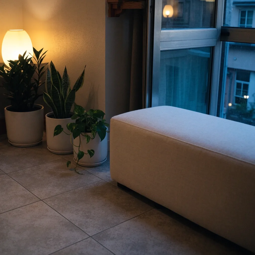 A calm corner of a small living room with low-maintenance houseplants on a bench at dusk