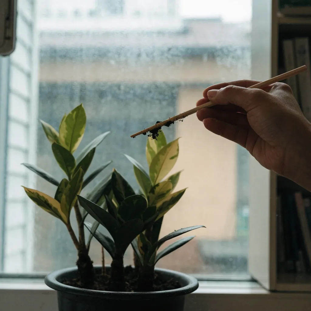 A wooden chopstick used to check soil moisture in a potted plant on an office desk