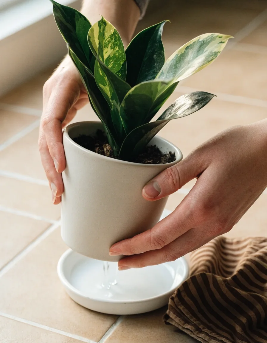 Hands tilting a potted plant as water drains from the base into a saucer