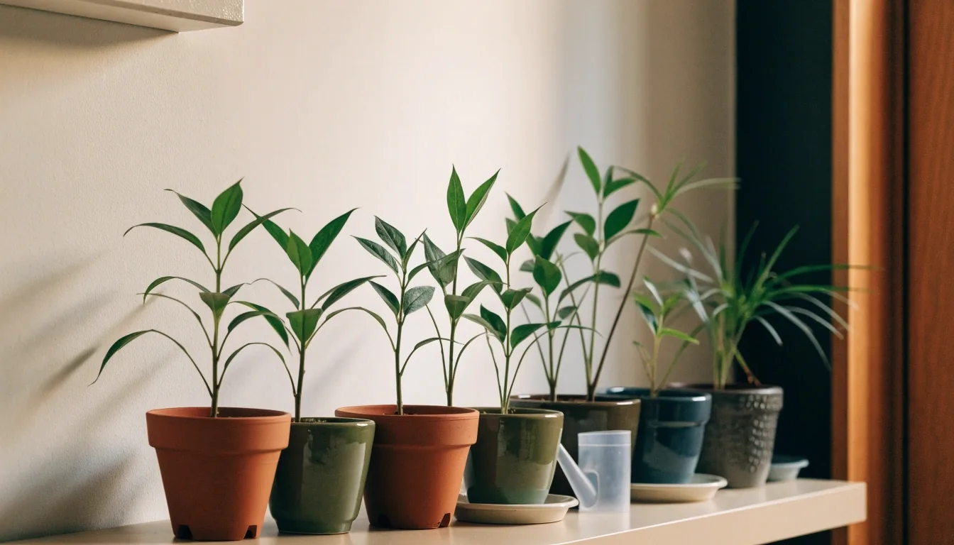 Small houseplants in pots with drainage holes lined up on a beige shelf